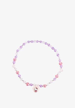Un collier de perles colorées mettant en avant des perles roses, violettes et blanches, avec un pendentif en forme de cœur affichant un graphique de Hello Kitty dans des couleurs pastel.