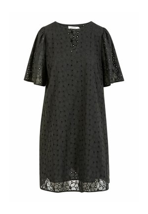 Čierne šaty po kolená s krátkymi balónovými rukávmi, kvetinovým očkovým čipkovaným vzorom a vložkou s výstrihom do tvaru V.