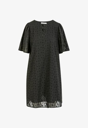 Abito nero al ginocchio con maniche corte a sbuffo, motivo floreale in pizzo traforato e inserto con scollo a V.