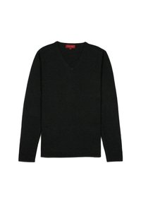 Pull noir en v en tissu doux et léger. Il présente des manches longues et une texture simple et lisse sans motifs ni ornements.