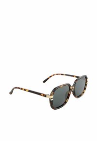 Schildpatt-Sonnenbrille mit quadratischen Rahmen, dunklen Gläsern und goldenen Akzenten an den Bügeln. Glatte Kunststoffoberfläche mit kontrastierenden Mustern.