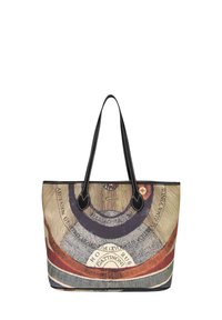 Borsa tote in tessuto intrecciato con un design circolare dai vari colori: marrone, nero e crema. Accenti e manici in pelle nera.