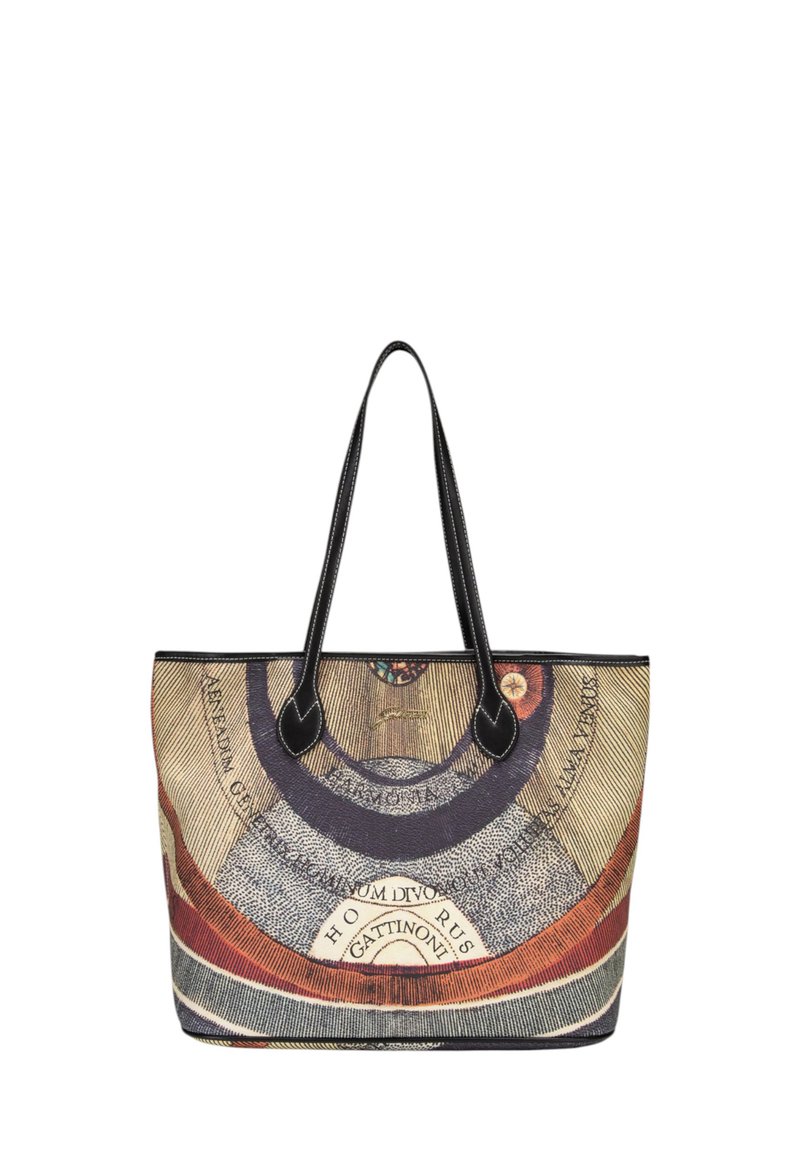 Borsa tote in tessuto intrecciato con un design circolare dai vari colori: marrone, nero e crema. Accenti e manici in pelle nera.