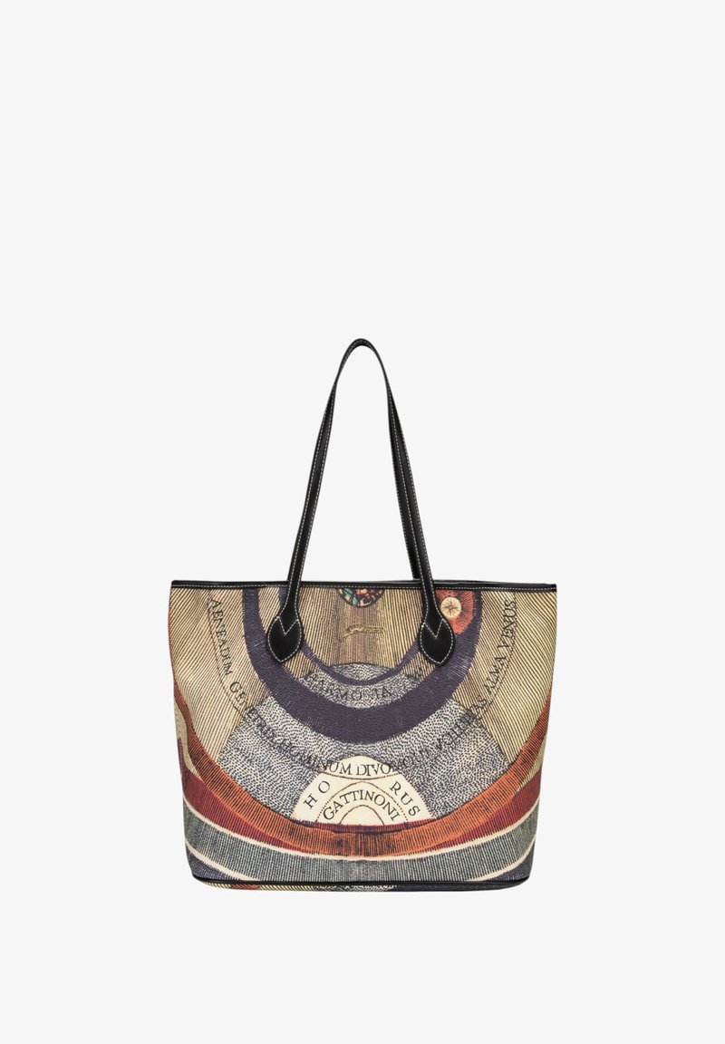 Tasche aus gewebtem Stoff mit einem kreisförmigen Design in verschiedenen Farben: Braun, Schwarz und Creme. Schwarze Lederakzente und Griffe.