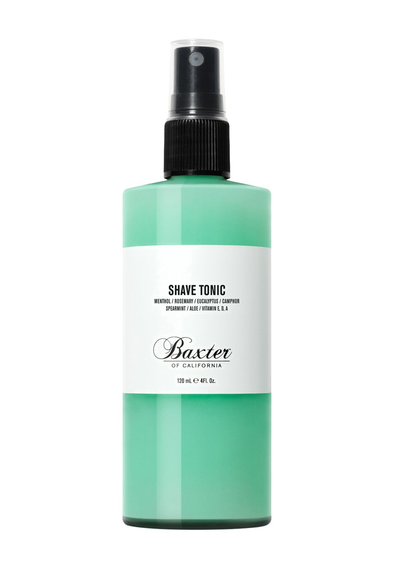 Bouteille en plastique verte avec un tuyau de pompe noir. L'étiquette blanche présente le texte "TONIQUE POUR LE RASAGE" et les détails du produit. Contient 120 mL.