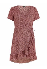 Vestido wrap floral en burdeos con flores rosas y blancas. Mangas cortas, dobladillo con volantes y lazos en la cintura para un ajuste regulable. Tejido ligero.