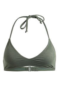 Olivgrön bikiniöverdel med en triangulär design, glittrig textur, justerbara nackband och ett säkert spänne på baksidan.