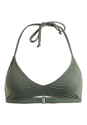Oljen grøn bikinitopp har et trekantet design med en glitrende tekstur, justerbare nakkebånd og en sikker lås bak.