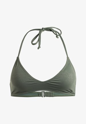 Olijfgroene bikini top met een driehoekig ontwerp, een sprankelende textuur, verstelbare nekbandjes en een veilige sluiting aan de achterkant.