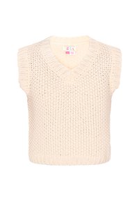 Maglione senza maniche lavorato a maglia in bianco sporco con scollo a V. Presenta un tessuto testurizzato, bordi a coste e una vestibilità ampia.