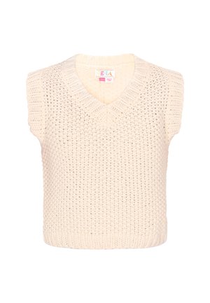 Adīts bezpiedurkņu džemperis krēmkrāsā ar V-veida izgriezumu. Iespējas ietver teksturētu audumu, ribotas maliņas un vaļīgu piegriezumu.