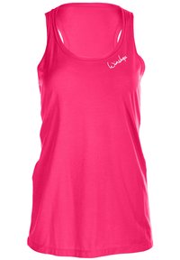 Pink tank top made of smooth fabric, featuring a scoop neckline and racerback design. Includes a small white logo on the front.
