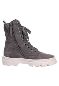 Botte montante gris foncé avec semelle épaisse blanche et robuste, fermeture éclair latérale et lacets à l'avant, vue de profil tournée vers la droite.