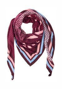 Sciarpa triangolare in bordeaux, blu, rosa e crema. Presenta motivi a zigzag e strisce audaci. Realizzata in tessuto leggero.
