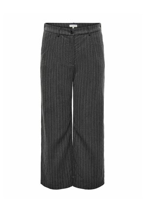 Graue, gestreifte weite Hosen aus einem strukturierten Stoff, mit Knopfverschluss und Bund, im mittelhohen Schnitt.