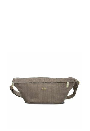 Taupe corduroy waist bag with gold zipper and logo, adjustable strap, rectangular shape with slightly curved top edge.