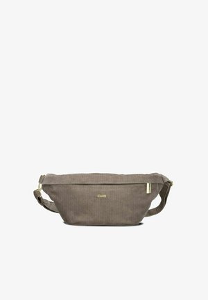 Taupe Cord-Gürteltasche mit goldenem Reißverschluss und Logo, verstellbarem Riemen, rechteckige Form mit leicht gebogenem oberen Rand.