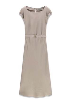Taupefarbenes knielanges Kleid mit kurzen Ärmeln, rundem Ausschnitt, mit Knöpfen versehenen Schulterlaschen und passendem Gürtel mit G-förmiger Schnalle.