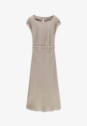 Taupefarbenes knielanges Kleid mit kurzen Ärmeln, rundem Ausschnitt, mit Knöpfen versehenen Schulterlaschen und passendem Gürtel mit G-förmiger Schnalle.
