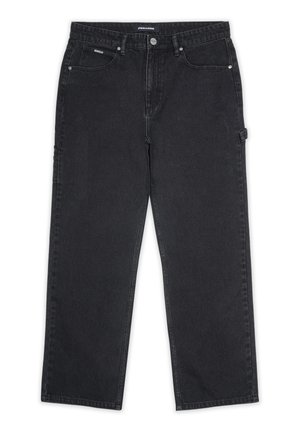 Sorte denimbukser med lige pasform, der har to forlommer og sidelivremme. Stoffet har en let struktureret overflade.