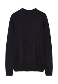 Schwarzer Strickpullover mit Rundhalsausschnitt, gerippten Bündchen und glatter Textur, der ein einfaches, einfarbiges Design präsentiert.
