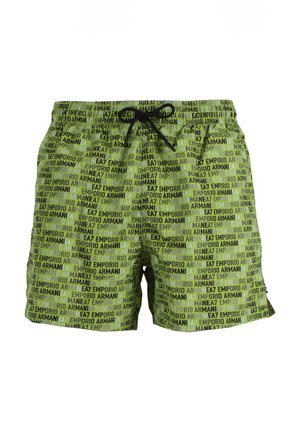 Costumi da bagno verdi con un motivo ripetuto in nero e verde neon con il logo "Emporio Armani". Presentano un elastico in vita con un cordino nero.