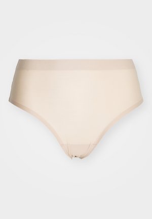 Beige hooggetailleerde slip gemaakt van gladde stof, met een naadloos ontwerp en elastische tailleband voor comfort. Geen opvallende patronen of accenten.