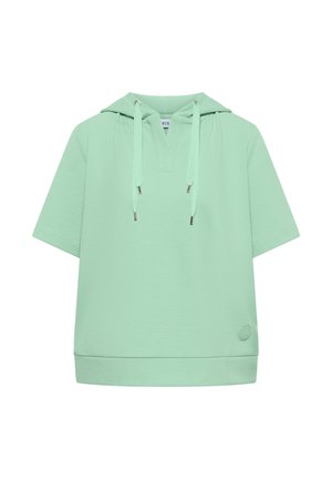 Mintunvihreä, lyhythihainen huppari, jossa tekstuurillinen kangas, edessä V-mallinen kaulus, metalliset nyörit ja pieni pyöreä logo helman läheisyydessä.