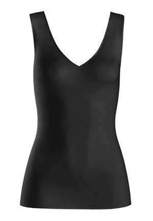 Top negro sin mangas con un diseño de escote en V. Fabricado con un material liso y elástico. Forma ajustada sin patrones ni elementos adicionales.
