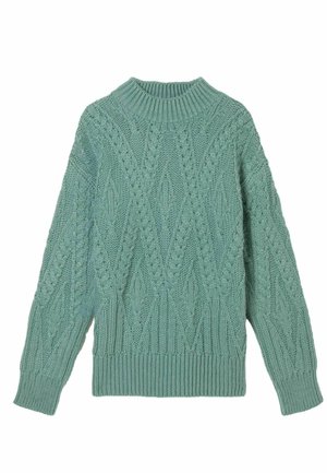Minzgrüner, gestrickter Pullover mit einem gerippten Rundhalsausschnitt, der ein strukturiertes Rautenmuster sowie gerippte Bündchen und Saum aufweist.