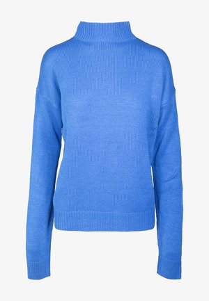 Plavi pleteni džemper s visokim ovratnikom, dugim rukavima, rebrastim manšetama i rubom. Ima opušteni kroj i teksturiranu tkaninu u cijelosti.