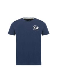 Mörkblå bomullströja med korta ärmar och rundad halsringning, med en vit grafisk design av hästar och text på den övre vänstra bröstområdet.