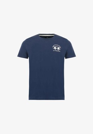 Granatowy bawełniany t-shirt z krótkim rękawem, okrągłym dekoltem, z białym nadrukiem przedstawiającym konie oraz tekstem na górnej lewej części klatki piersiowej.