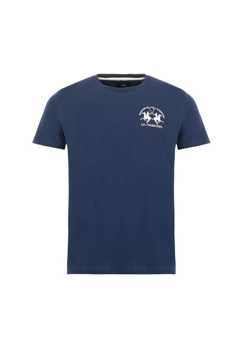 Mörkblå bomullströja med korta ärmar och rundad halsringning, med en vit grafisk design av hästar och text på den övre vänstra bröstområdet.