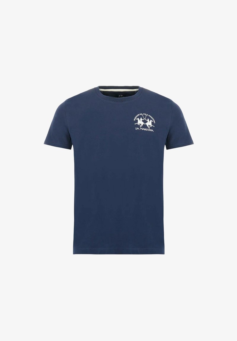 Mörkblå bomullströja med korta ärmar och rundad halsringning, med en vit grafisk design av hästar och text på den övre vänstra bröstområdet.