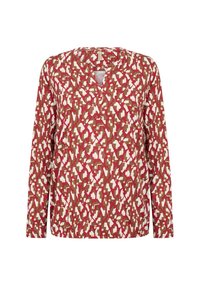 Langärmliges Oberteil mit einem abstrakten Muster in Rotbraun und Creme. Verfügt über einen V-Ausschnitt und eine lockere Passform, gefertigt aus leichtem Stoff.