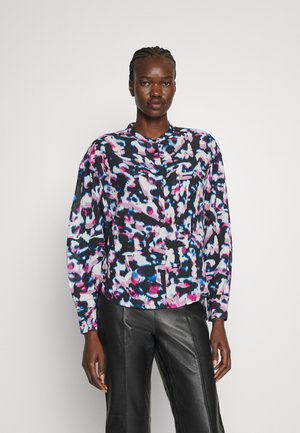 Πουκάμισο με γιακά και κουμπιά σε μαύρο, ροζ και μπλε αφηρημένο σχέδιο; υφασμάτινη υφή με μακριά μανίκια και άνετη εφαρμογή.