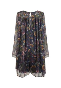 Tunique fluide et transparente bleu marine avec des motifs floraux en rose, jaune et vert. Comprend des manches longues, un dos avec ouverture en forme de goutte et un design plissé.