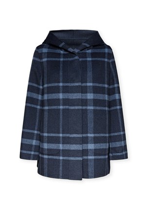 Cappotto in misto lana di colore blu navy con motivo a quadri blu chiaro, dotato di cappuccio, tasche frontali e taglio dritto per una vestibilità comoda.