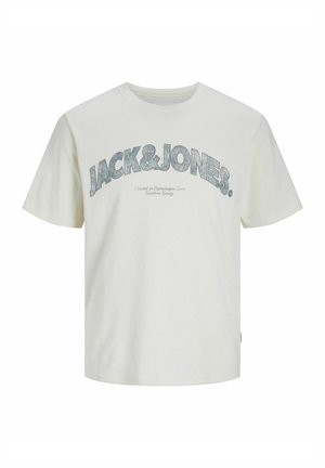 Tricou din bumbac crem deschis, cu un design grafic curbat în gri. Mâneci scurte, guler rotund și un etichetă pe partea inferioară.