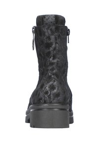 Zwarte enkellaarsjes met een getextureerde, gewatteerde bovenkant, een rits aan de zijkant en een lage, gegroefde rubberen zool.