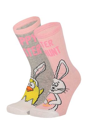 Pair of Easter-themed socks, one gray with yellow chick wearing bunny ears, one pink with white bunny holding an Easter egg, both with pink text.