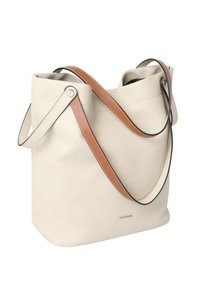 Handtasche aus cremefarbenem Leder mit strukturierter Oberfläche, ausgestattet mit braunen Ledergriffen und silberfarbenen Metallakzenten. Schlichtes, unifarbenes Design.