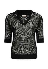 Haut en maille noir à manches courtes avec col en V, motif géométrique en dentelle et col, poignets et ourlet côtelés unis.