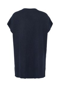 Pulover oversized de culoare albastru marin, cu guler rotund și mâneci scurte. Textură moale, tiv drept și un design minimalist.