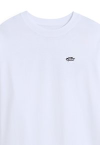 Weiße Baumwoll-T-Shirt mit kurzen Ärmeln und Rundhalsausschnitt. Mit einem kleinen schwarzen Logo auf der linken Brustseite. Weiche Textur, normale Passform.
