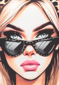 Gafas de sol negras con forma de ojo de gato, adornadas con pequeños rhinestones a lo largo del borde superior, superpuestas sobre una cara femenina ilustrada con cabello rubio.