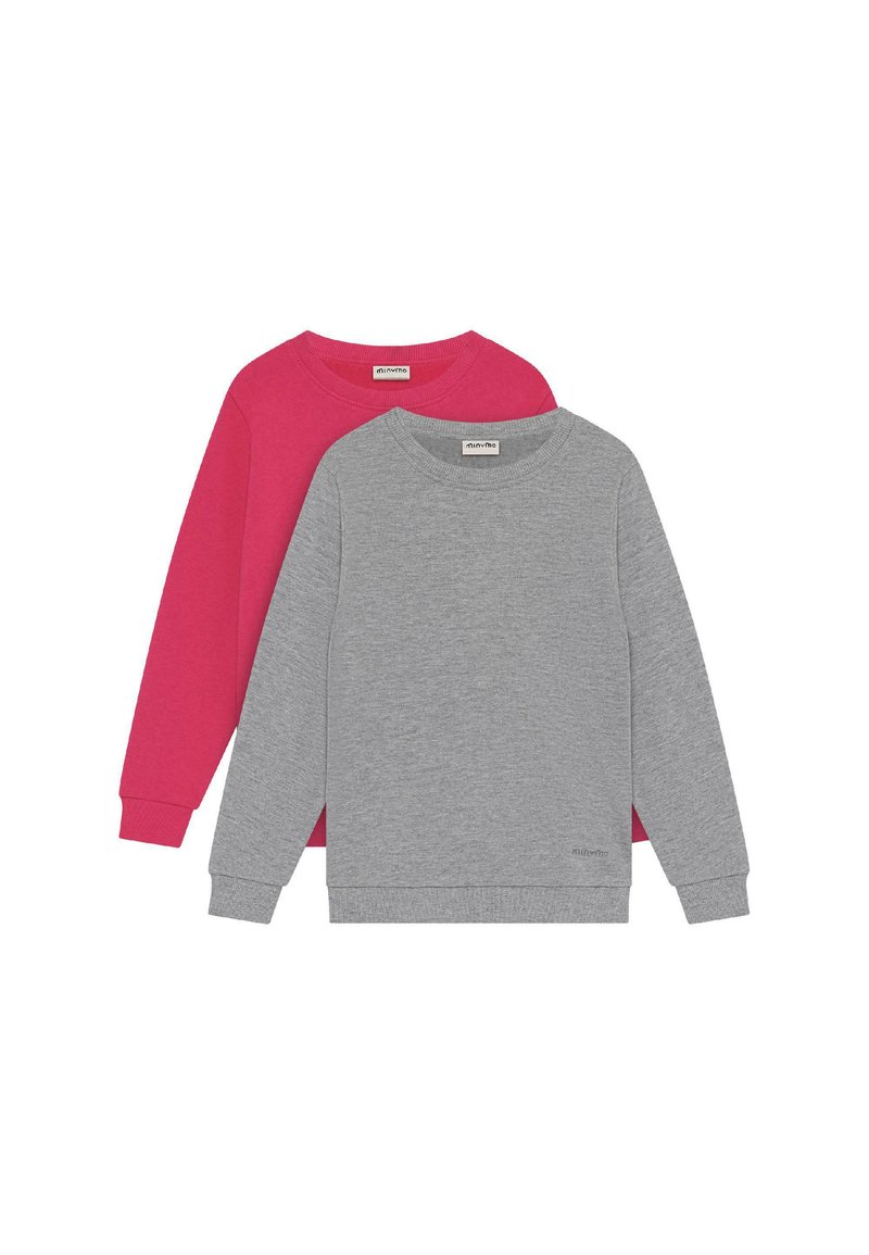 Dos sudaderas de cuello redondo de manga larga superpuestas, una de color gris claro en el frente y otra de color rosa oscuro detrás, ambas con puños y dobladillos acanalados.