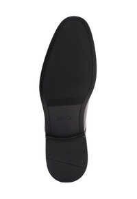 Black dress shoe sole featuring a textured surface, smooth edges, and branding "MNG" embossed at the heel. Slightly curved design.