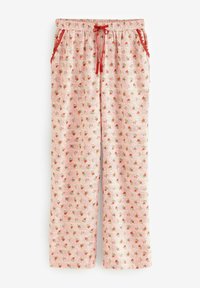 Pantaloni de pijama roz deschis cu model de căpșuni, talie elastică, șnur roșu și buzunare laterale. Fabrică din bumbac. Design cu picioare drepte.